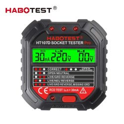 Habotest HT107D (RCD-RCD) - dugalj teszter bekötések ellenőrzéséhez: LCD panel, feszültségkijelzés, RCD teszt és RCD értékkijelzés