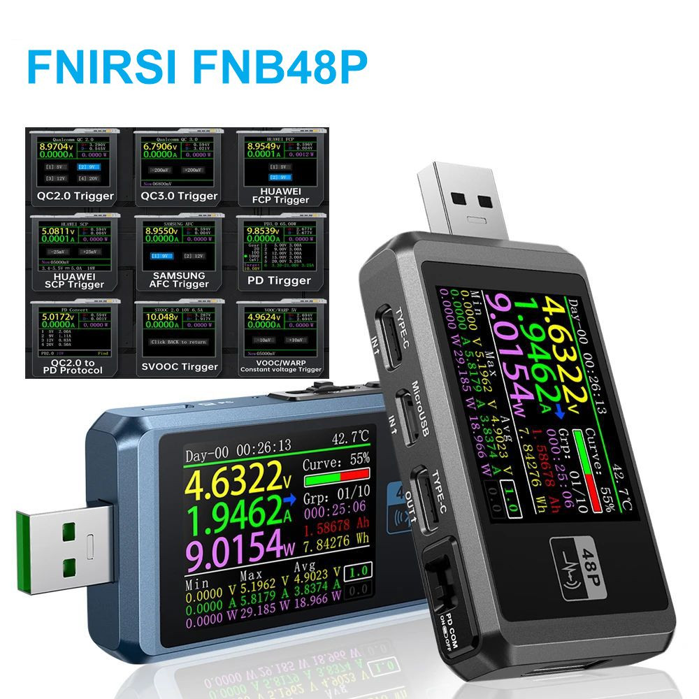 FNIRSI FNB48P - USB teszter: feszültség-, áram-, teljesítmény-, gyorstöltésteszt, applikációk stb.